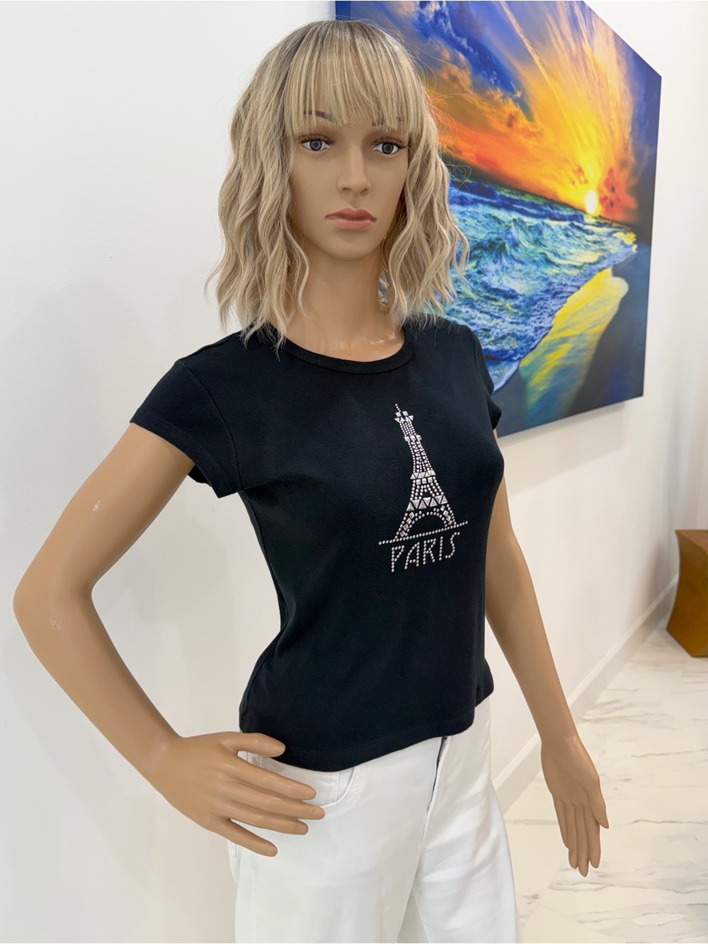 Cute Black, Silver-Studded Eiffel Tower/Paris Tee, Size Small
